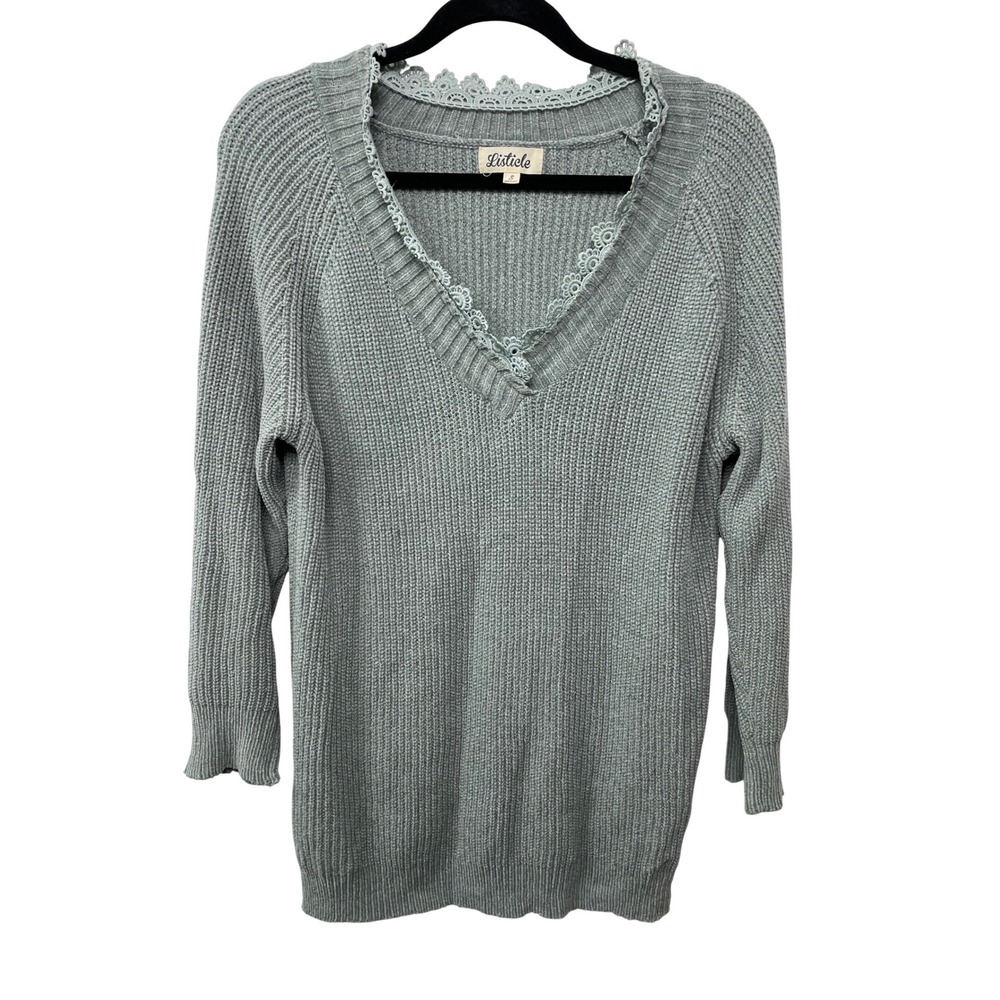 Listicle‎ Light Green Crochet Lace Trim V Neck Sweater Tunic Cozycore Granny S